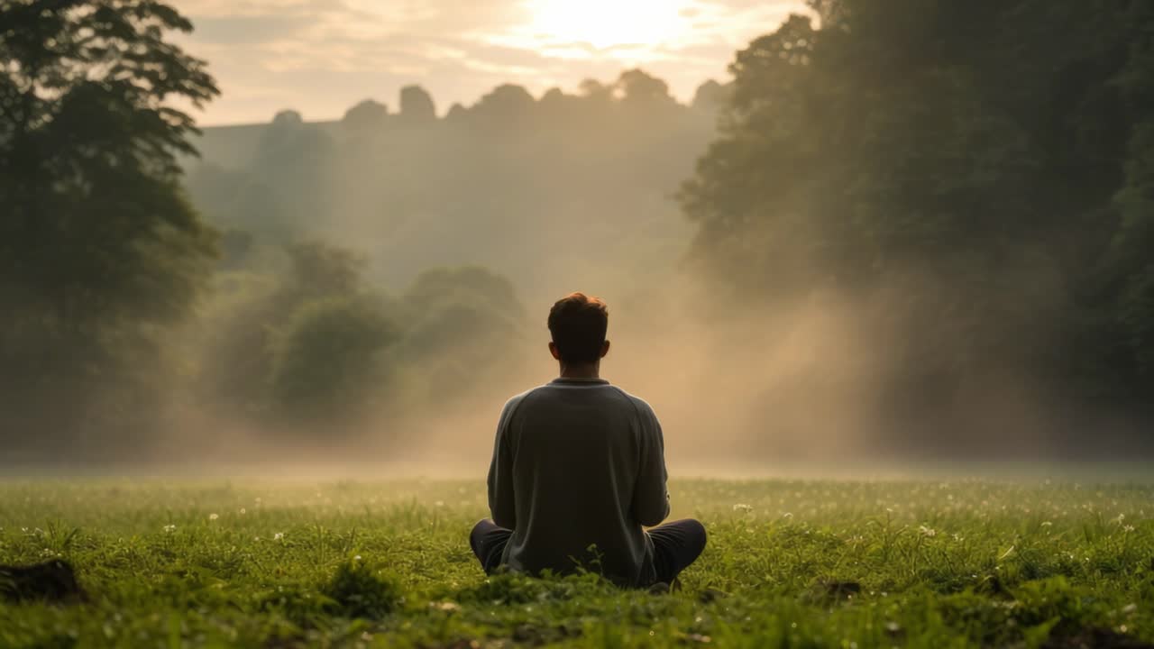 Young man practicing yoga and meditating in a misty field at sunrise, embracing tranquility and serenity while surrounded by the beauty of nature and the gentle morning light