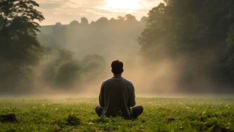 young man practicing yoga and meditating in a misty field at sunrise, embracing tranquility and serenity while surrounded by the beauty of nature and the gentle morning light