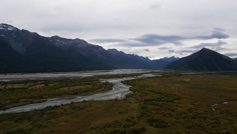 New-Zealand-landscape-with-mountains-and-river,-aerial-drone-view