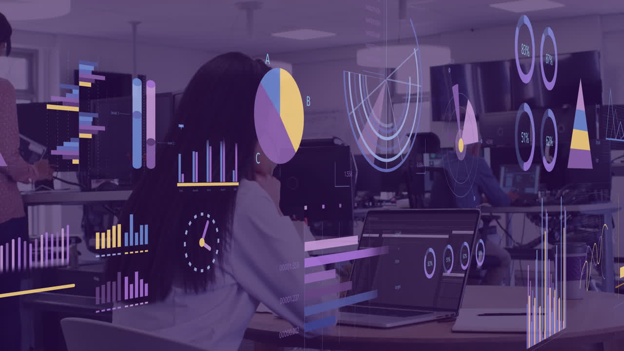 Animation of financial data processing over biracial businesswoman in office
