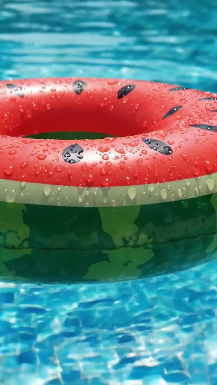 A Colorful Watermelon Pool Float Resting in Crystal Clear Water, Shimmering with Droplets, Perfect for Summer Fun and Relaxation by the Poolside