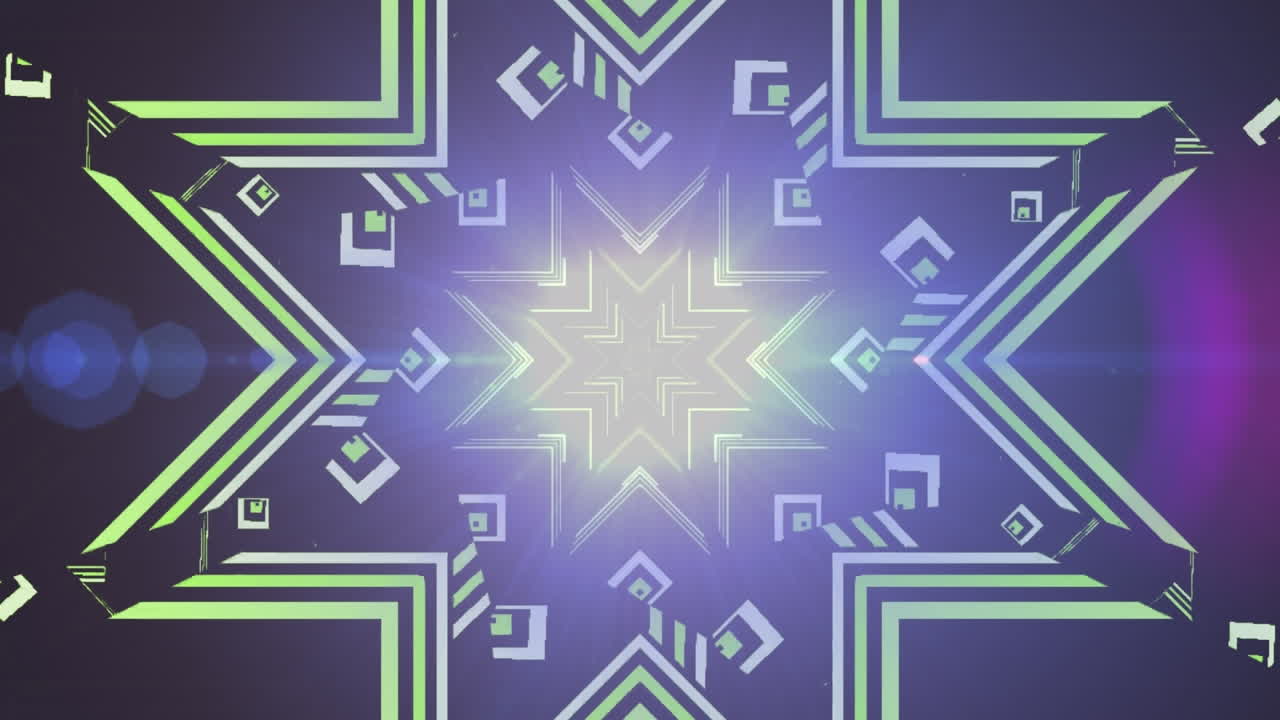 검은 바탕에 렌즈 플레어 위에 별 패턴을 형성하는 선의 애니메이션