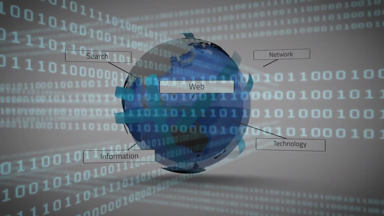 Animation of binary codes over notification labels with texts around globe against white background
