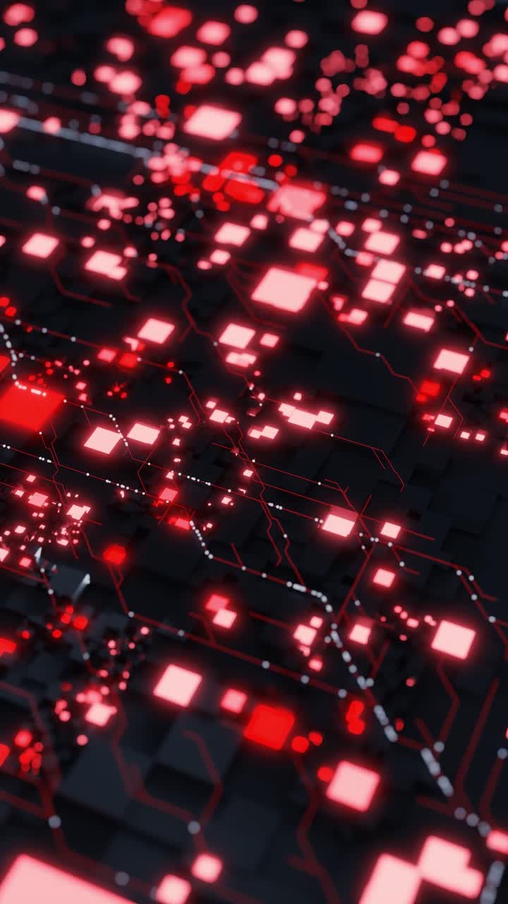 Abstract digital circuit pattern with glowing red lights and dark background. 3D render of futuristic technology board. Artificial intelligence and data processing concept, wallpaper. vertical