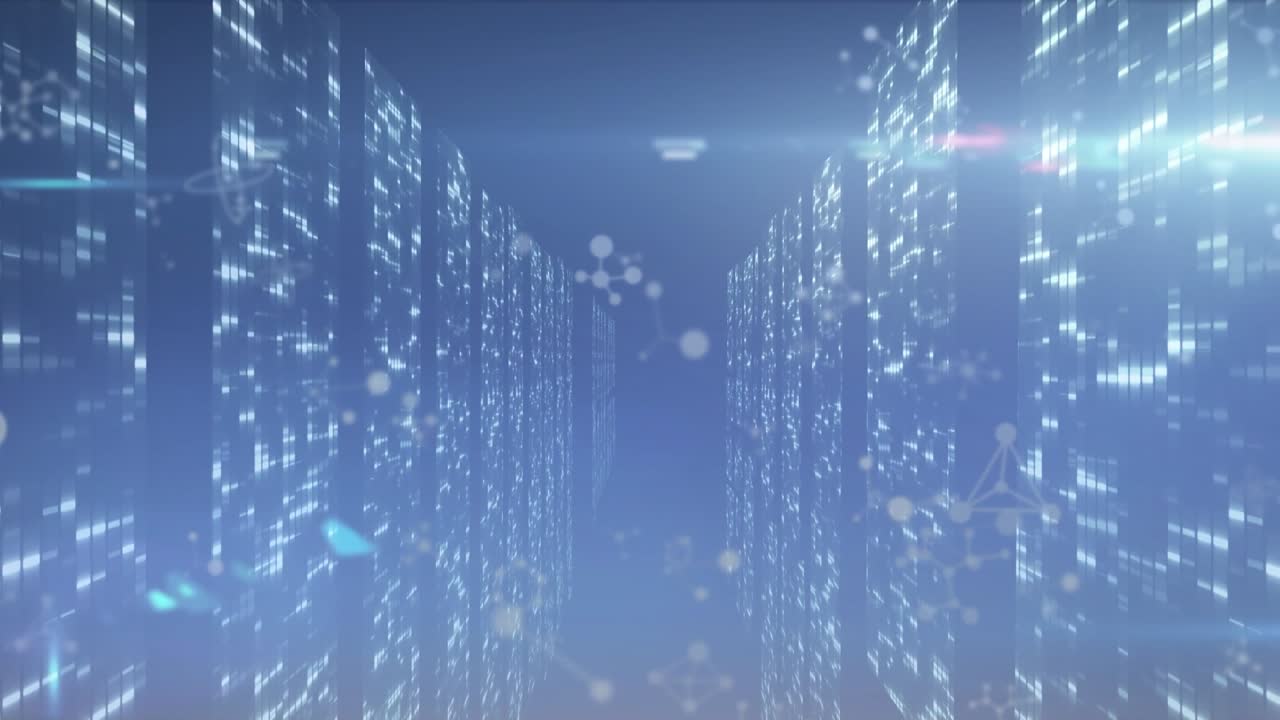 青い背景に対してモザイク状の四角い画面上を浮遊する分子構造のアニメーション。