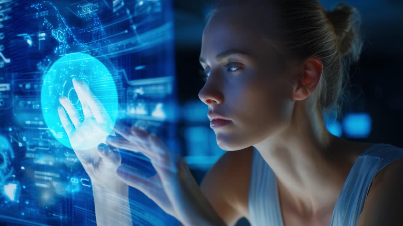 A Focused Young Woman Interacting with Futuristic Digital Technology, Engaging with Complex Data and Holographic Interfaces in a High-Tech Environment