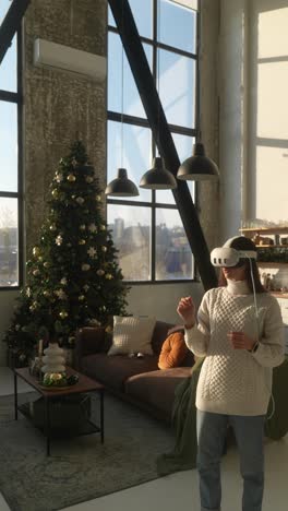 woman experiencing vr at christmas time