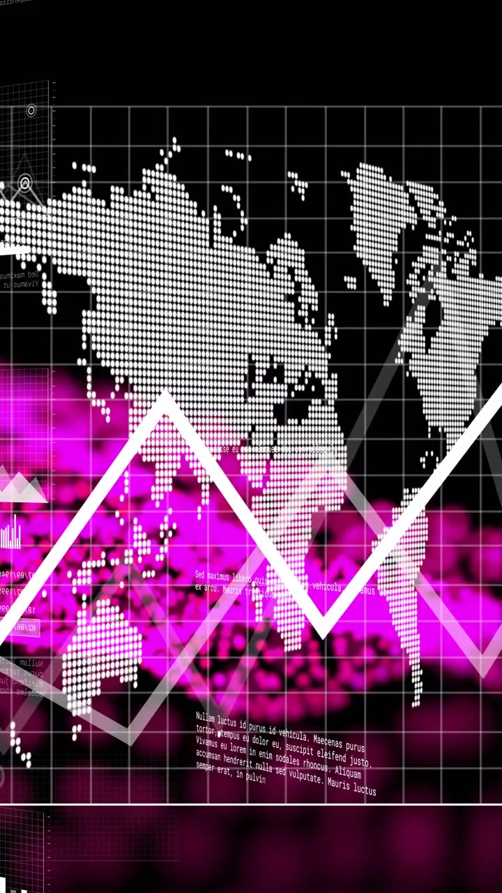 Video verticale: All'avvio, un'onda magenta cresce e si sposta a destra, un grafico sale, mostrando le tendenze dei dati.