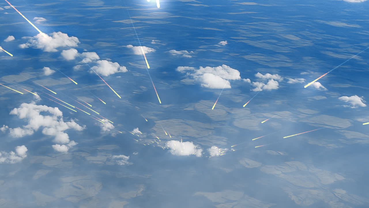 Dozens of glowing meteors streaking through the atmosphere