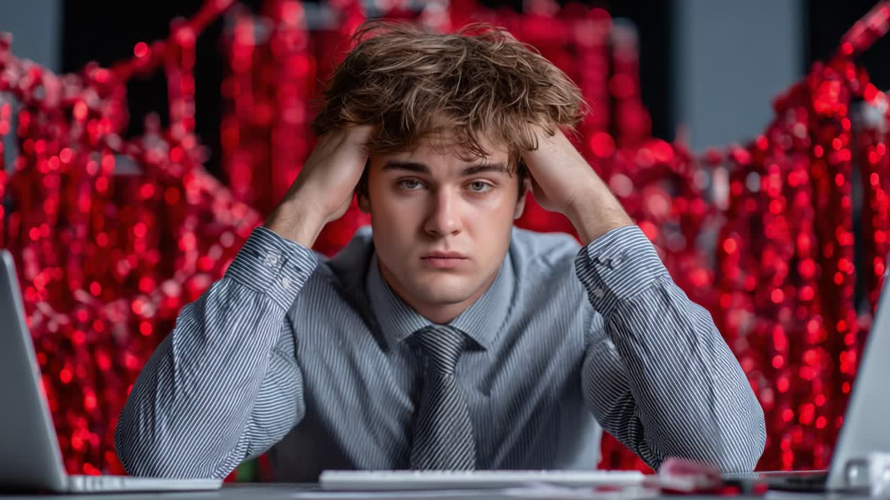 A Young Professional Struggles with Stress and Anxiety While Surrounded by a Bright Red D?cor in a Modern Office Setting