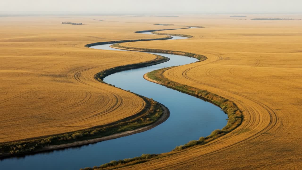 Aerial View of Serpentine River Flowing Through Golden Fields, Showcasing the Harmonious Relationship Between Water and Agricultural Landscapes