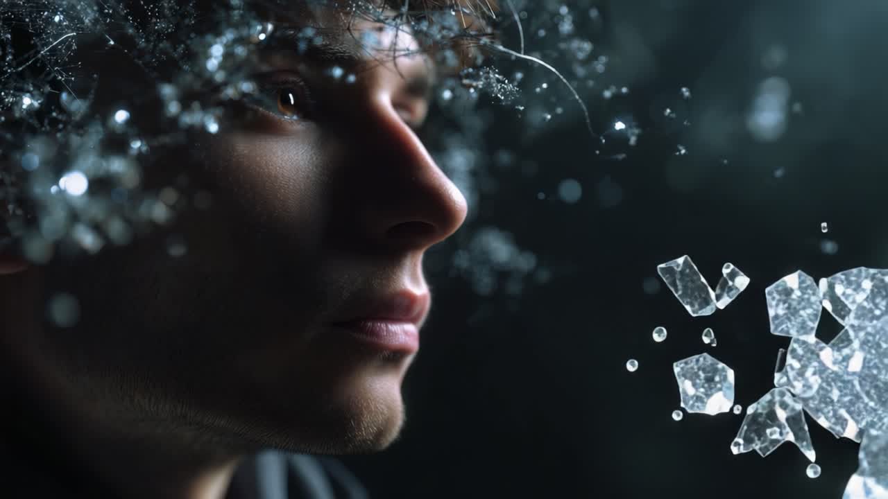 Un momento di riflessione: Esplorando le profondità della coscienza attraverso la frammentazione e la riflessione in una visualizzazione surreale della mente umana