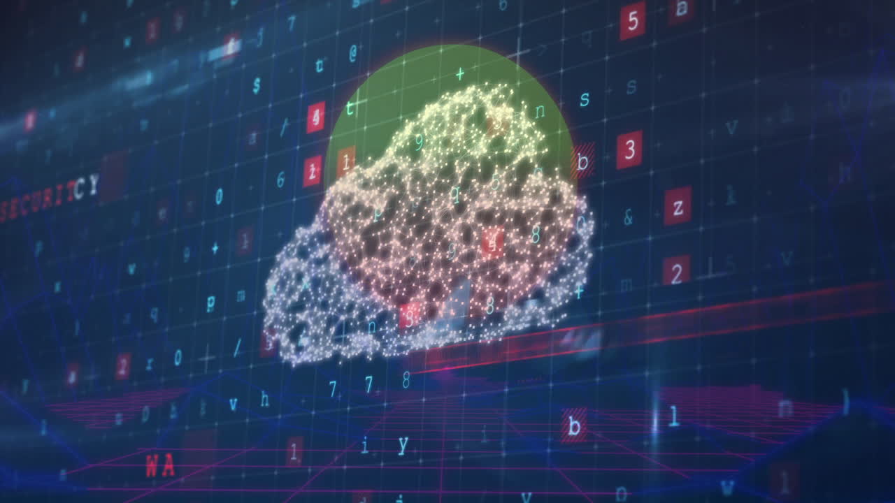 Digital cloud with binary code and data processing animation on grid background