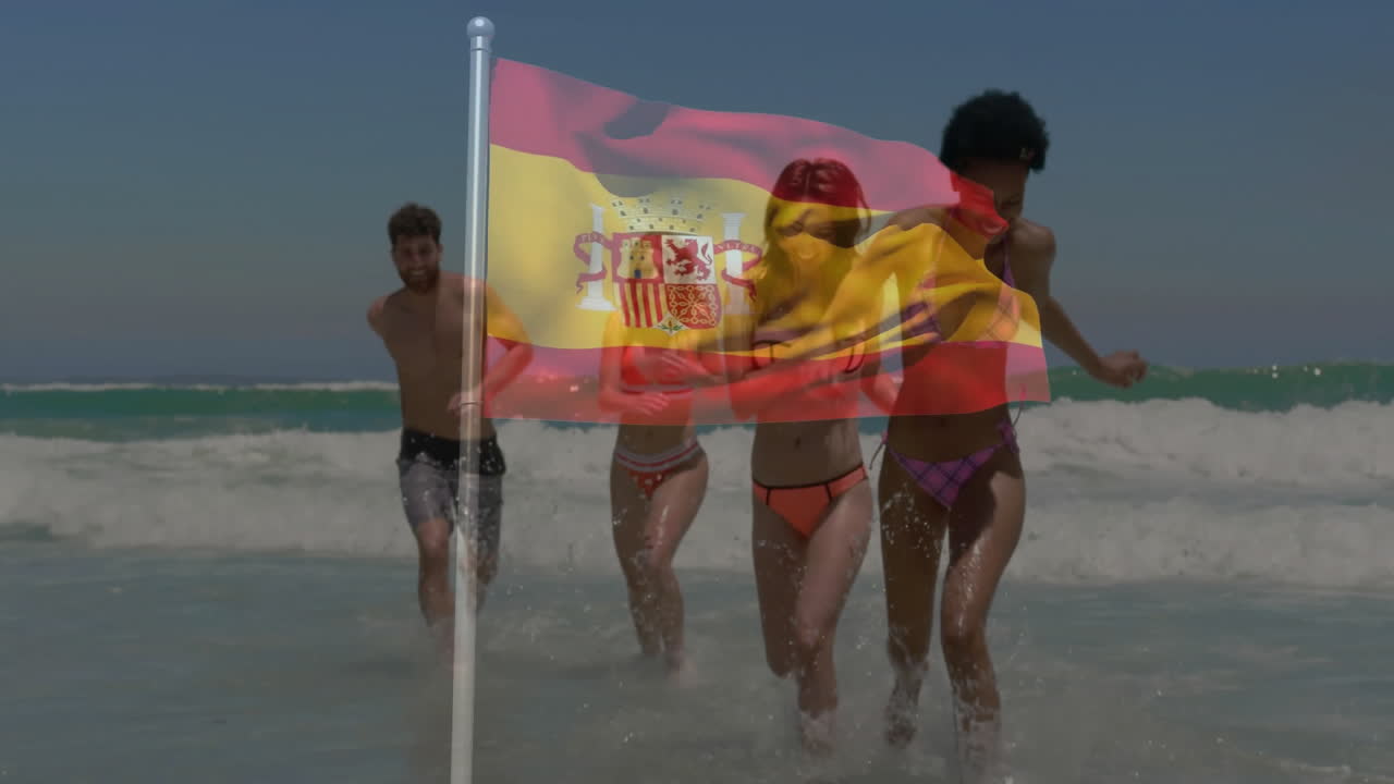 Running in ocean waves, friends with Spanish flag overlay, enjoying animation
