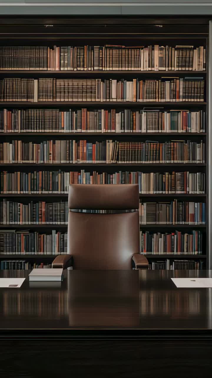 Vertical video: Panning up camera revealing brown chair on dark desk in study, showing bookshelf