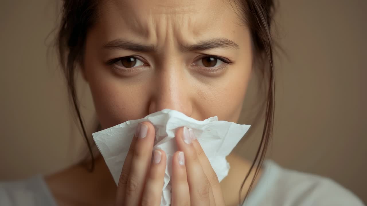 Experiencing runny nose Asian woman pressing crumpled tissue against nose at home