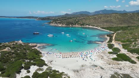 punta molentis beach in villasimius, sardinia - tourist people and boats swim and relax in turquoise blue bay - aerial 4k