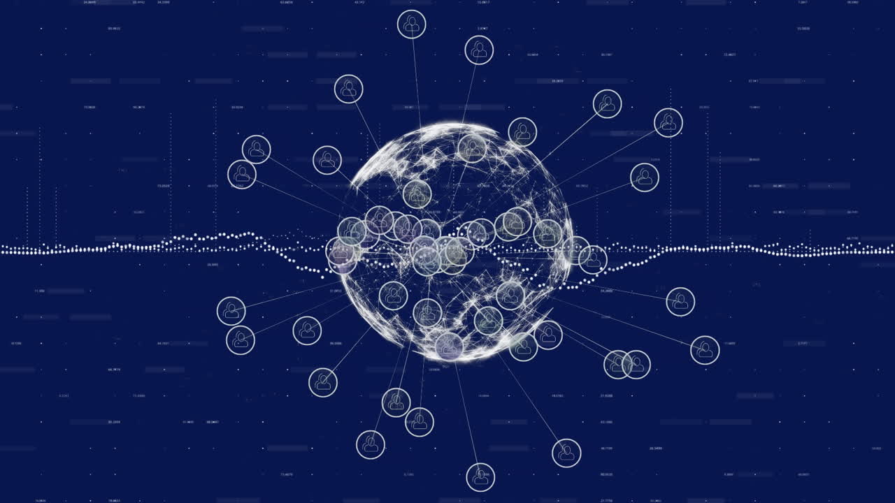 Animation of financial data processing and globe of connections with icons on black background