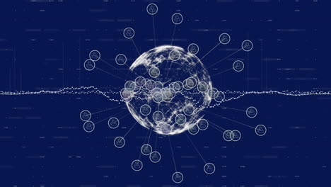 animation of financial data processing and globe of connections with icons on black background