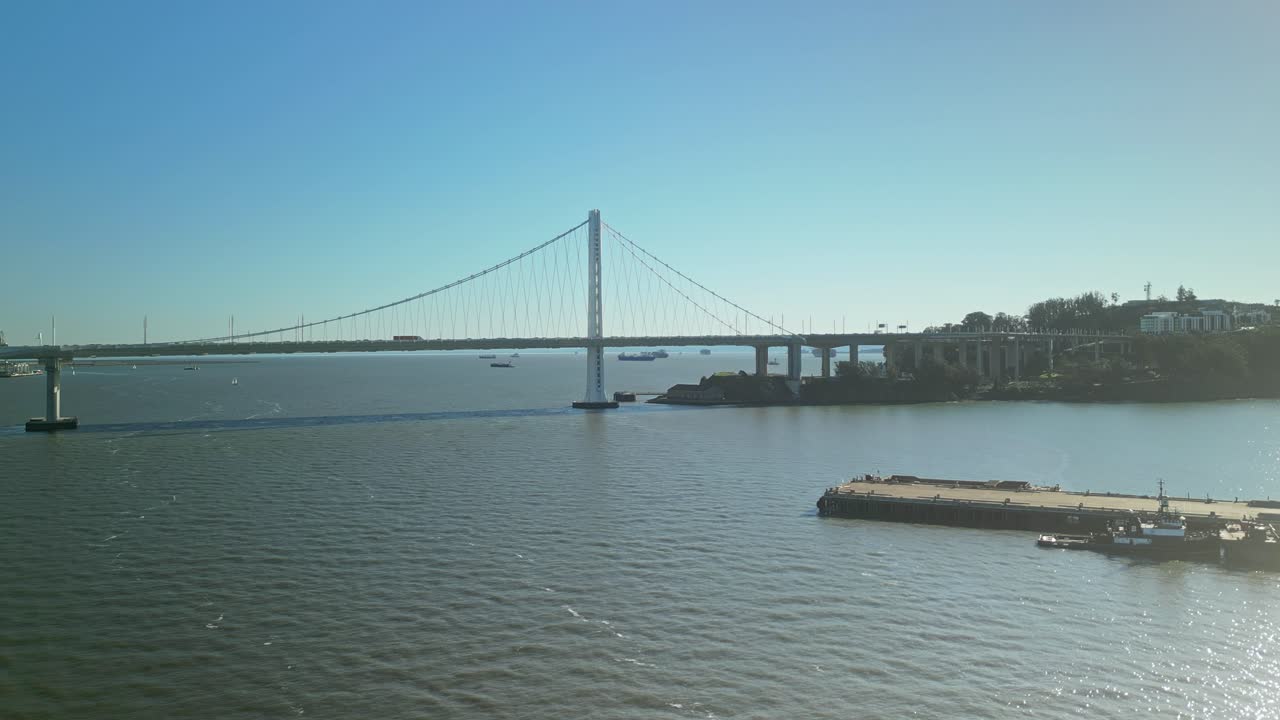 Aerial drone view of San Francisco-Oakland Bay Bridge with Pacific Ocean in California, USA