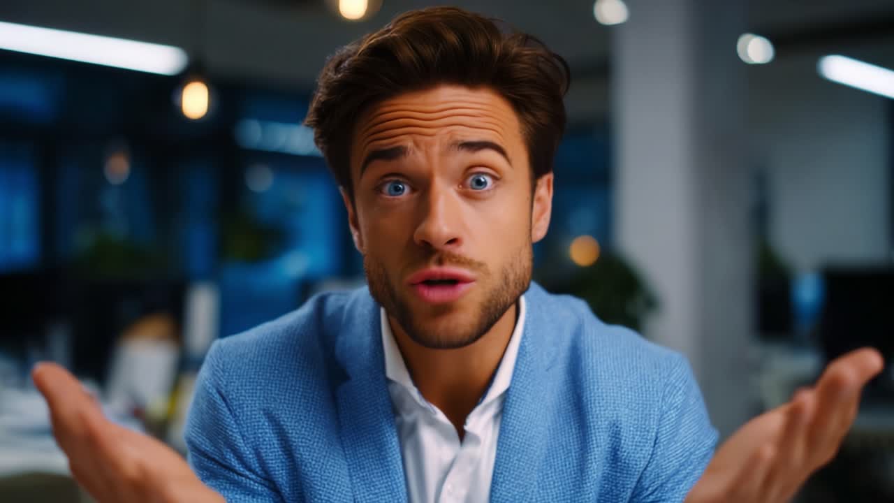 Un uomo esprime confusione e preoccupazione in un moderno ufficio, con le mani alzate in un gesto interrogativo, evidenziando la sua risposta emotiva a una situazione non visibile.