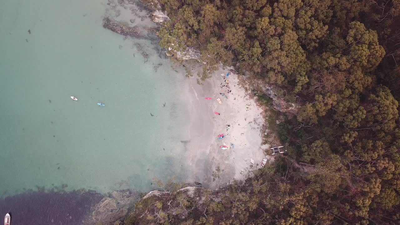 vista de drones sobre la playa secreta con gente en kayak y jugando en agua y árboles acuáticos, bruny island, tasmania, australia