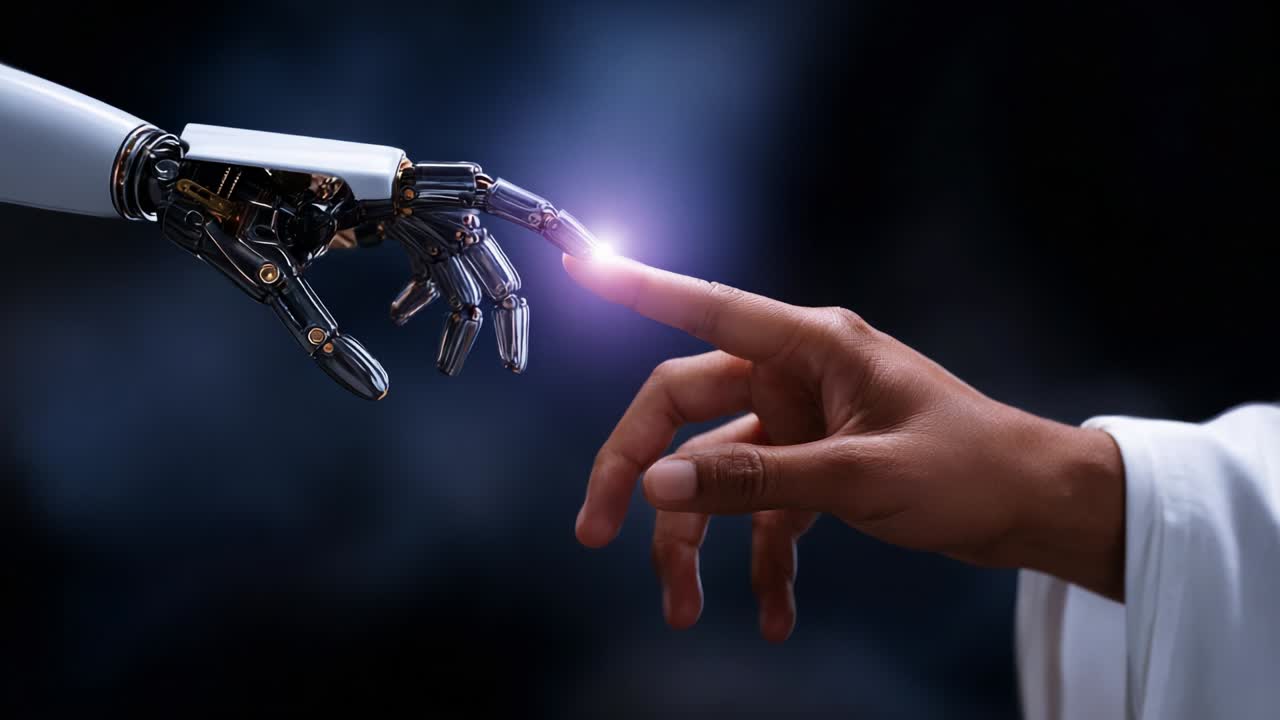 A Pivotal Moment of Unity Between Human and Machine: Exploring the Intersection of Technology and Humanity Through a Touch of Connection in a Futuristic Realm