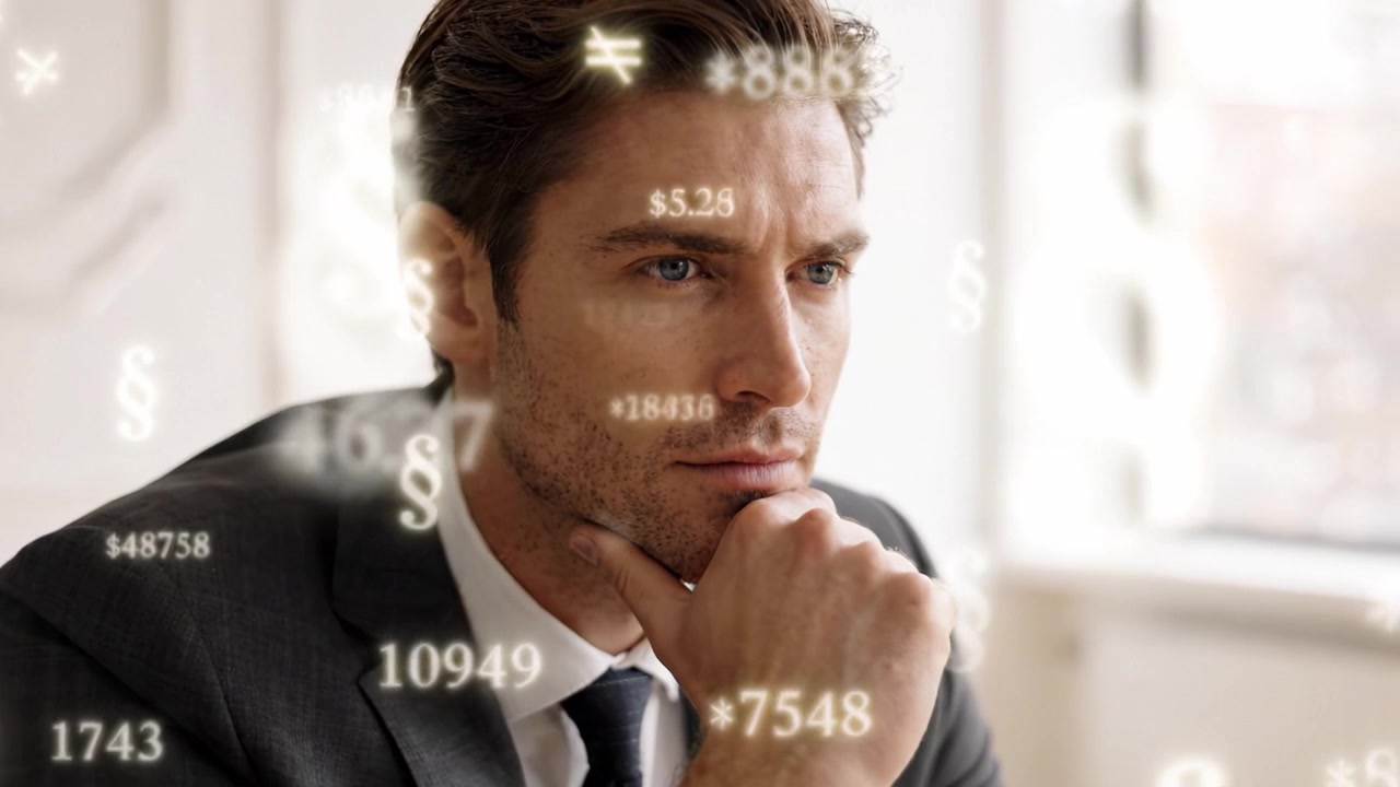 Professionista aziendale riflessivo che analizza dati e simboli legali in un moderno ambiente d'ufficio, contemplando cifre finanziarie e decisioni strategiche per il successo.