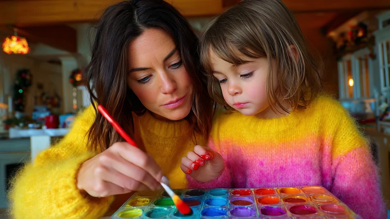 A Creative Bond: A Mother and Daughter Enjoy a Colorful Painting Session Together, Exploring Their Artistic Talents While Making Cherished Memories in a Cozy Environment