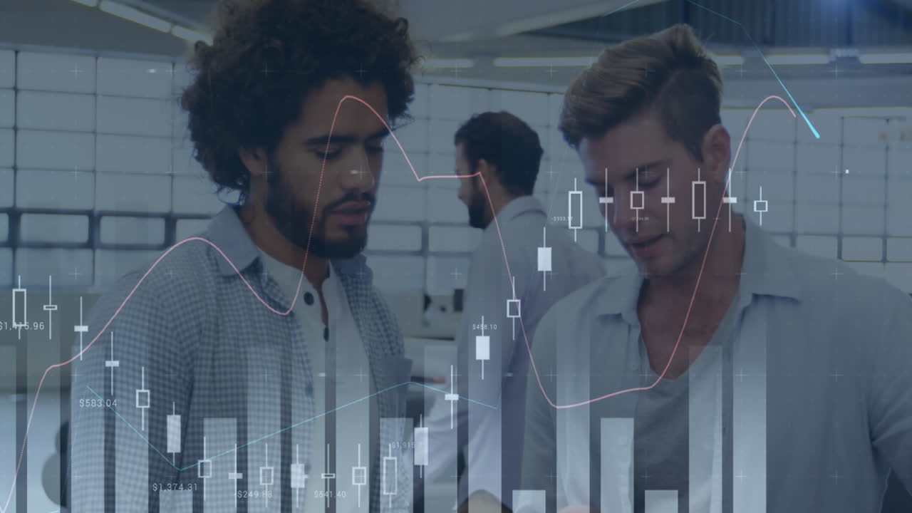 Animation of multiple graphs with changing numbers over diverse coworkers discussing in office