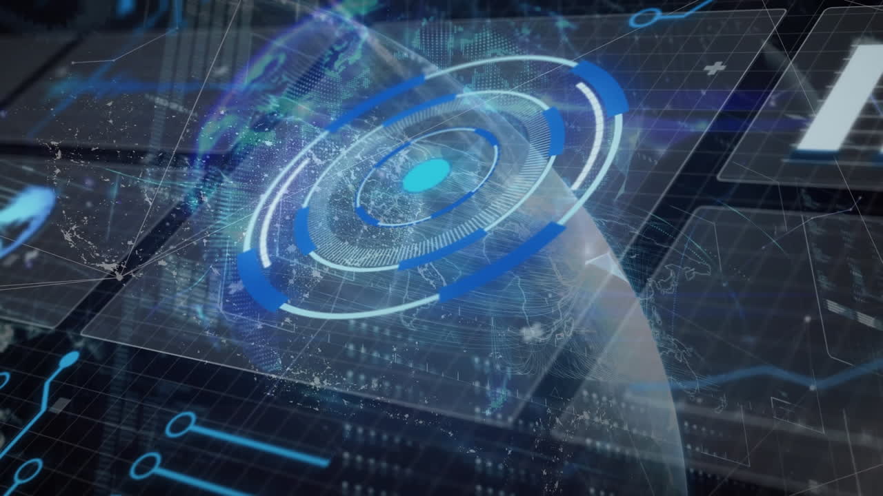 검은색 배경에 대한 데이터 처리 인터페이스와 플렉서스 네트워크의 글로브의 애니메이션