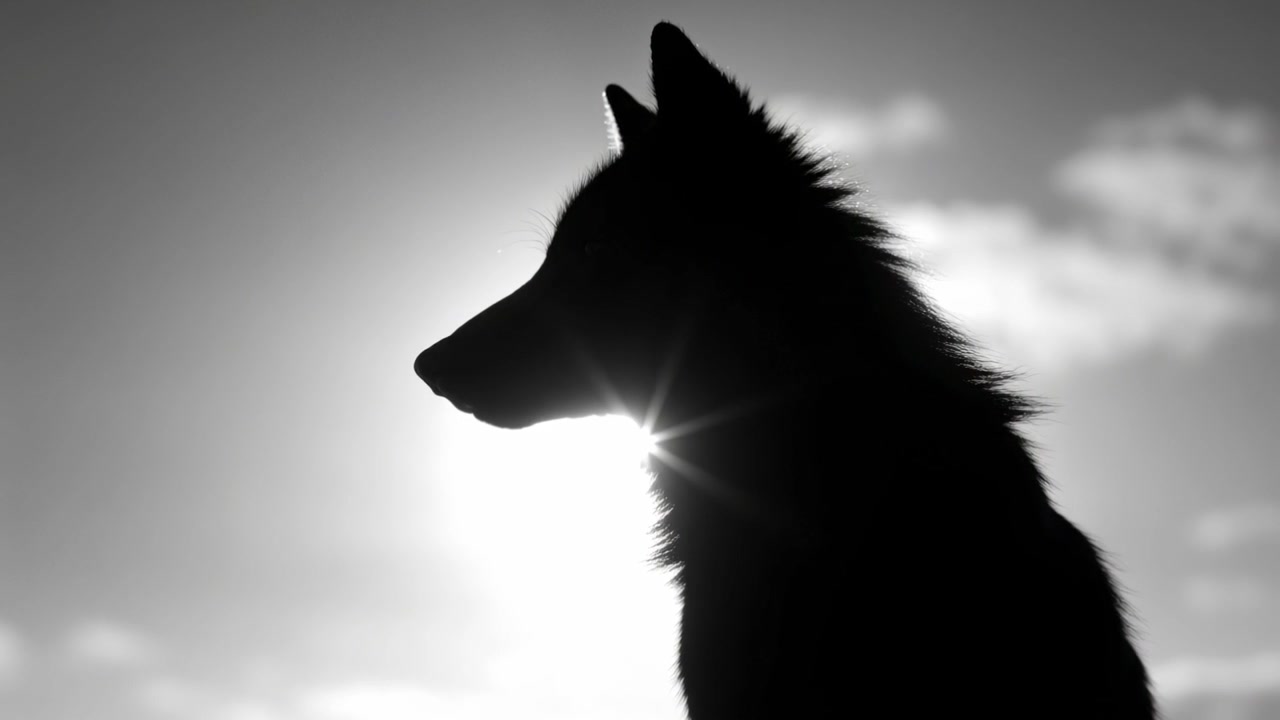 Solen skifter bag hundesilhuet, hund justerer hoved og ører mod blå himmel, stjerneglimt