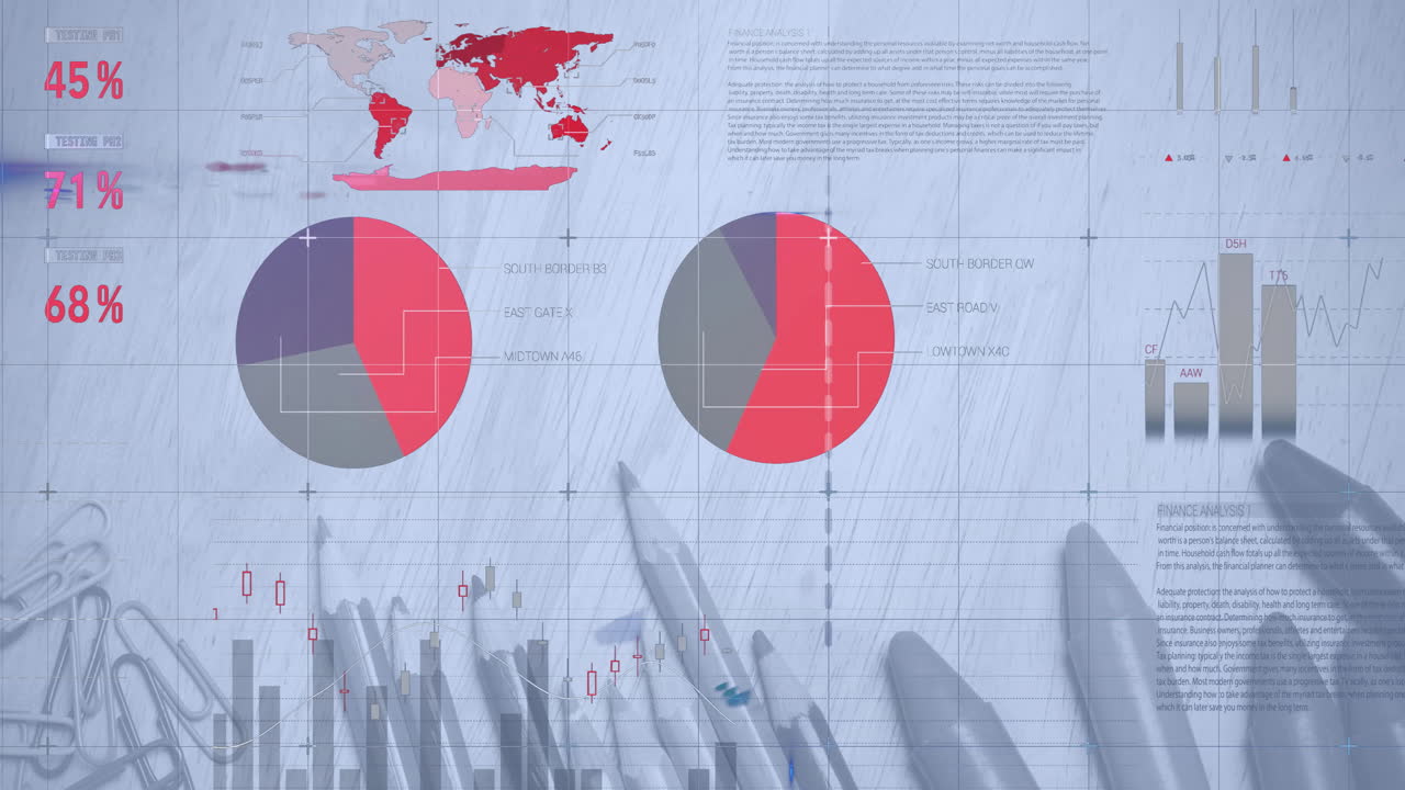 책상 위에서 금융 데이터 처리의 애니메이션과 서류 품목