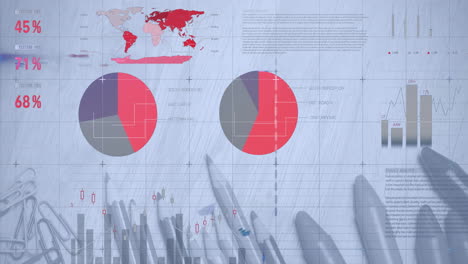 animation of financial data processing over desk with stationery items