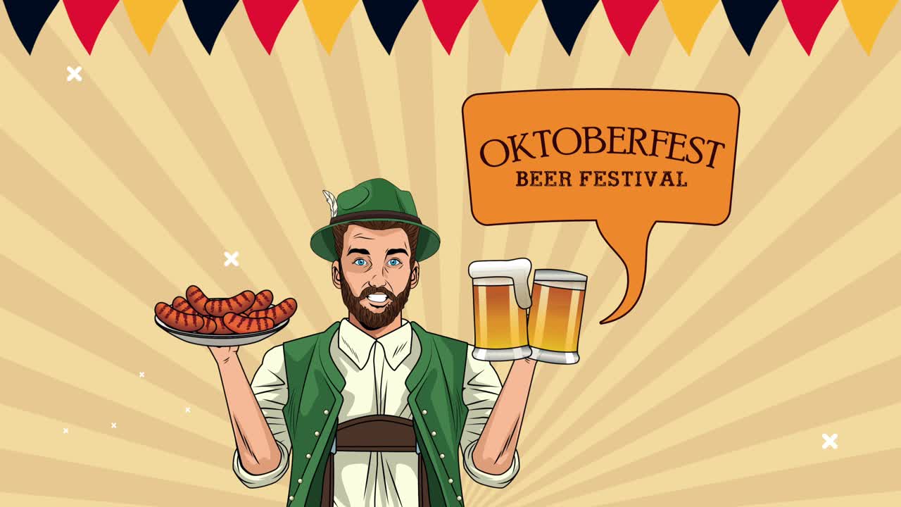 animación de celebración de oktoberfest feliz con hombre alemán comiendo salchichas y bebiendo cervezas y burbuja de habla