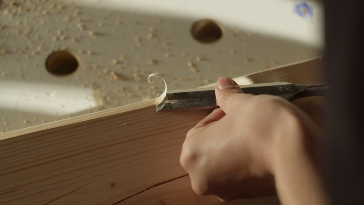 High quality video of a craftsman carving smooth curls from light wood in warm cinematic light, showing precise hand control and clean fine texture in a calm workshop atmosphere