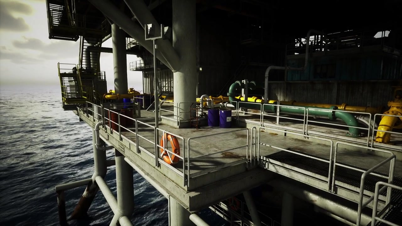 Robust boreplatform, der vender mod oprørt hav med dramatisk belysning