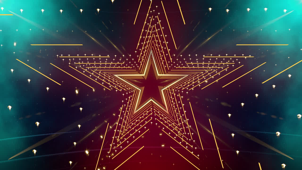 루프 내 녹색 배경 위에 금색 별, 무대 비디오 배경 디자인, 시각적 프로젝션 매핑, 뮤직 비디오, tv 쇼, 프레젠테이션, 편집기 및 led 스크린 또는 패션쇼용 vj