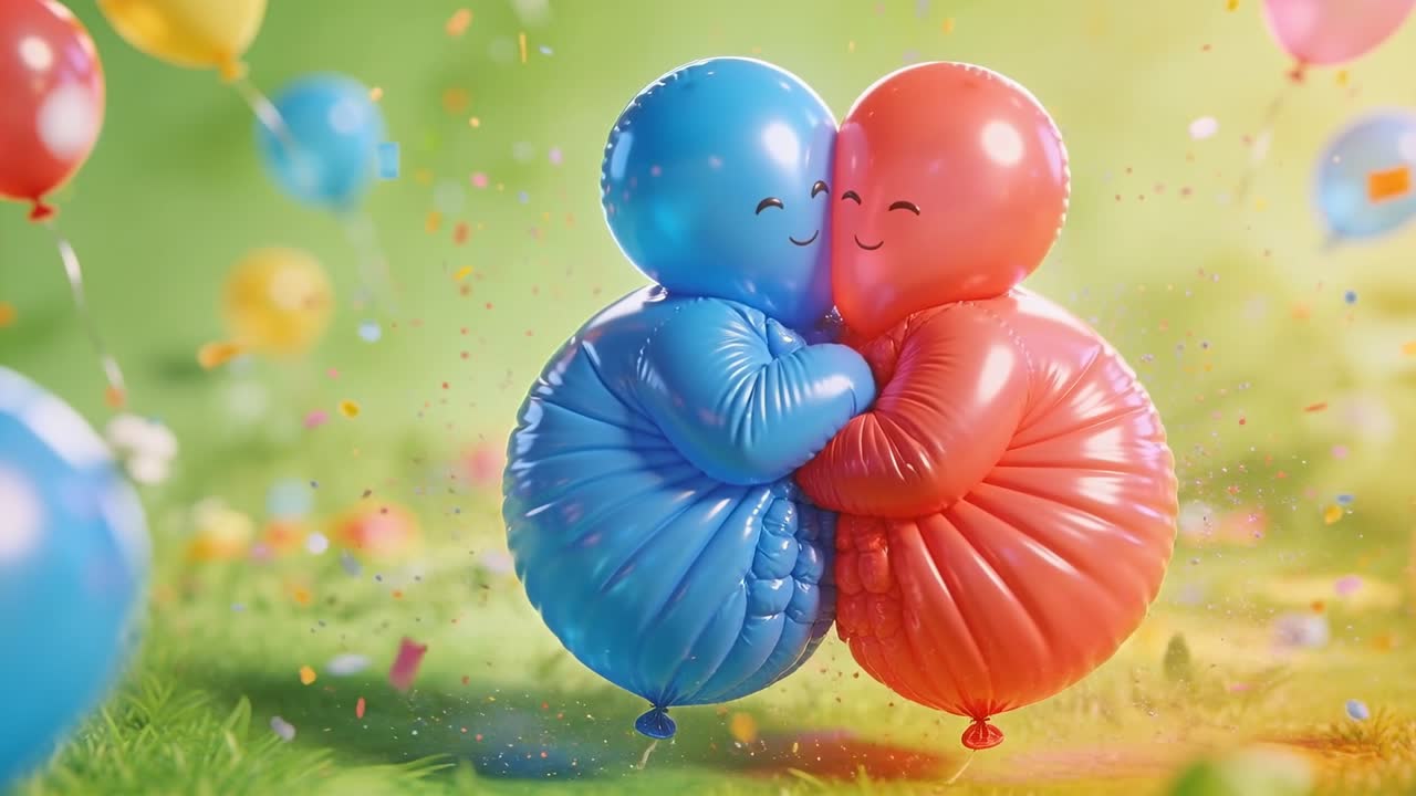 Palloncini blu e rossi che si uniscono in un prato, come se si stringessero e si rilassassero, mentre cadono coriandoli, per scopi pubblicitari.