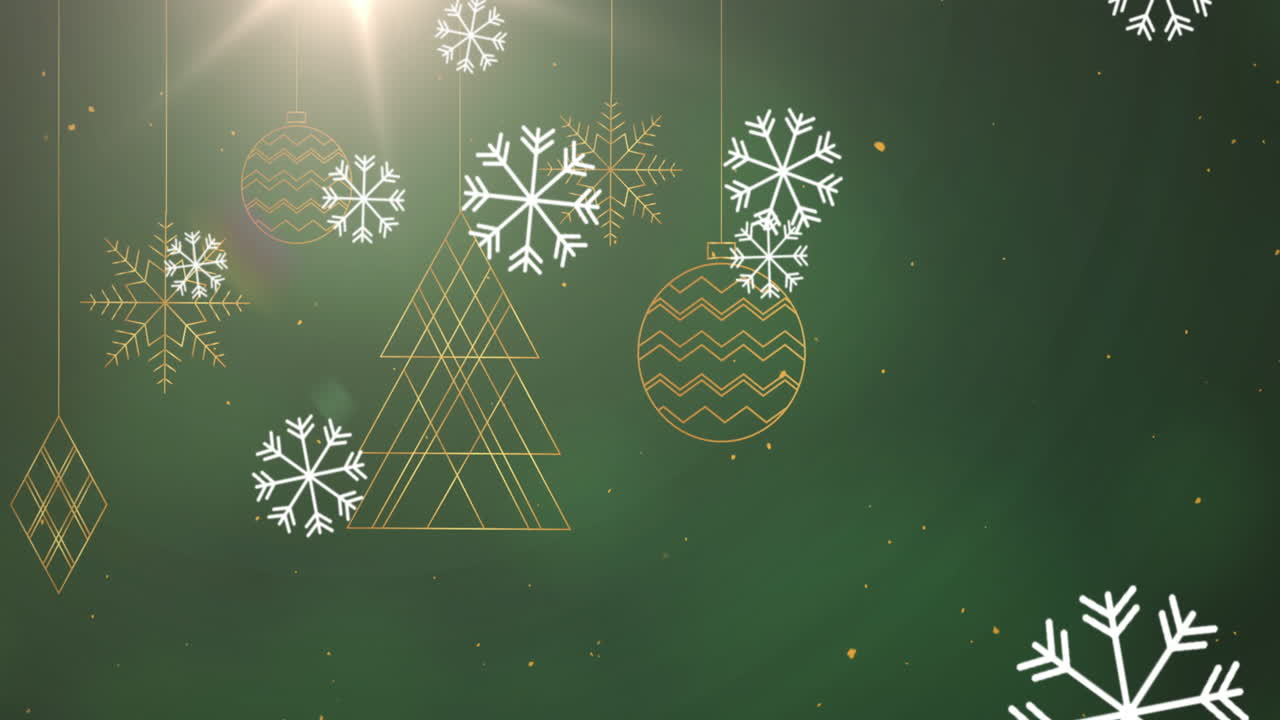 animación de copos de nieve cayendo sobre las decoraciones de navidad