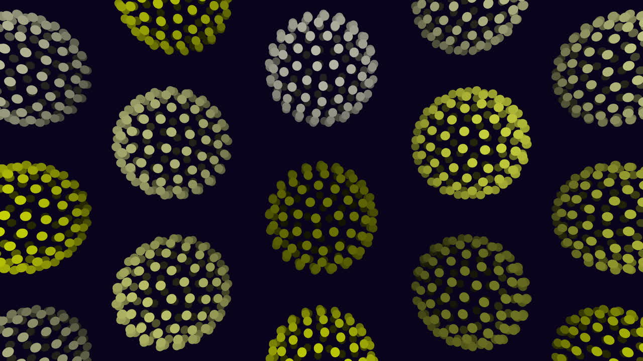 An abstract design featuring blue and white circles on a black background. The circles are uniformly sized, overlapping in a circular formation with white centers and blue outlines