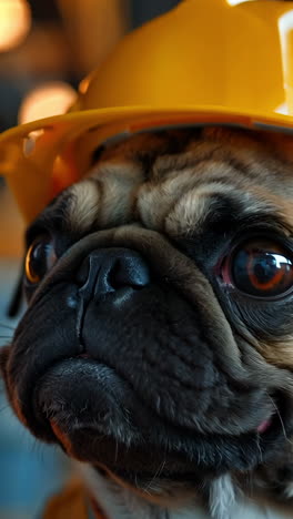 a small dog wearing a yellow hard hat. the dog has a sad expression on its face. concept of humor and playfulness