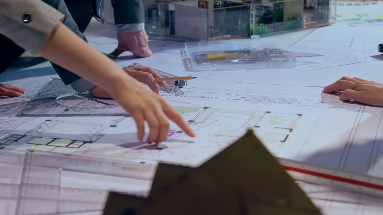 Discussion civil engineer team, writing at blueprint meeting table with color palettes. Group of diverse people planning, taking note while manager looking project plans architecture building concept
