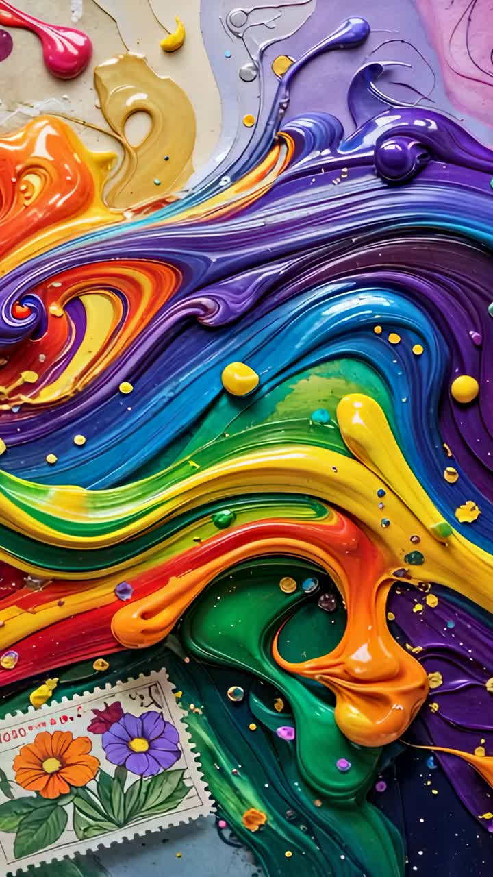 Vertical video: Displaying rainbow paint ribbons showcasing droplets on tabletop, floral stamp