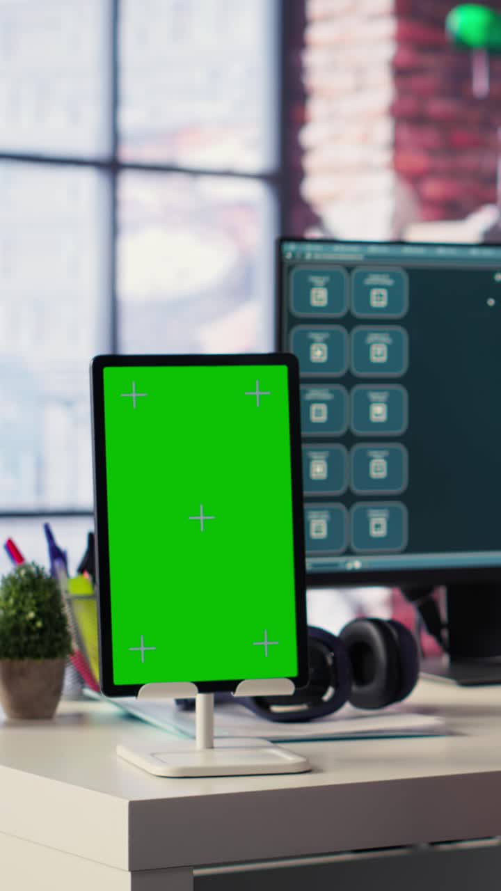 Vertical Video Mature adult utilizes a digital AI tool on web interface next to green screen