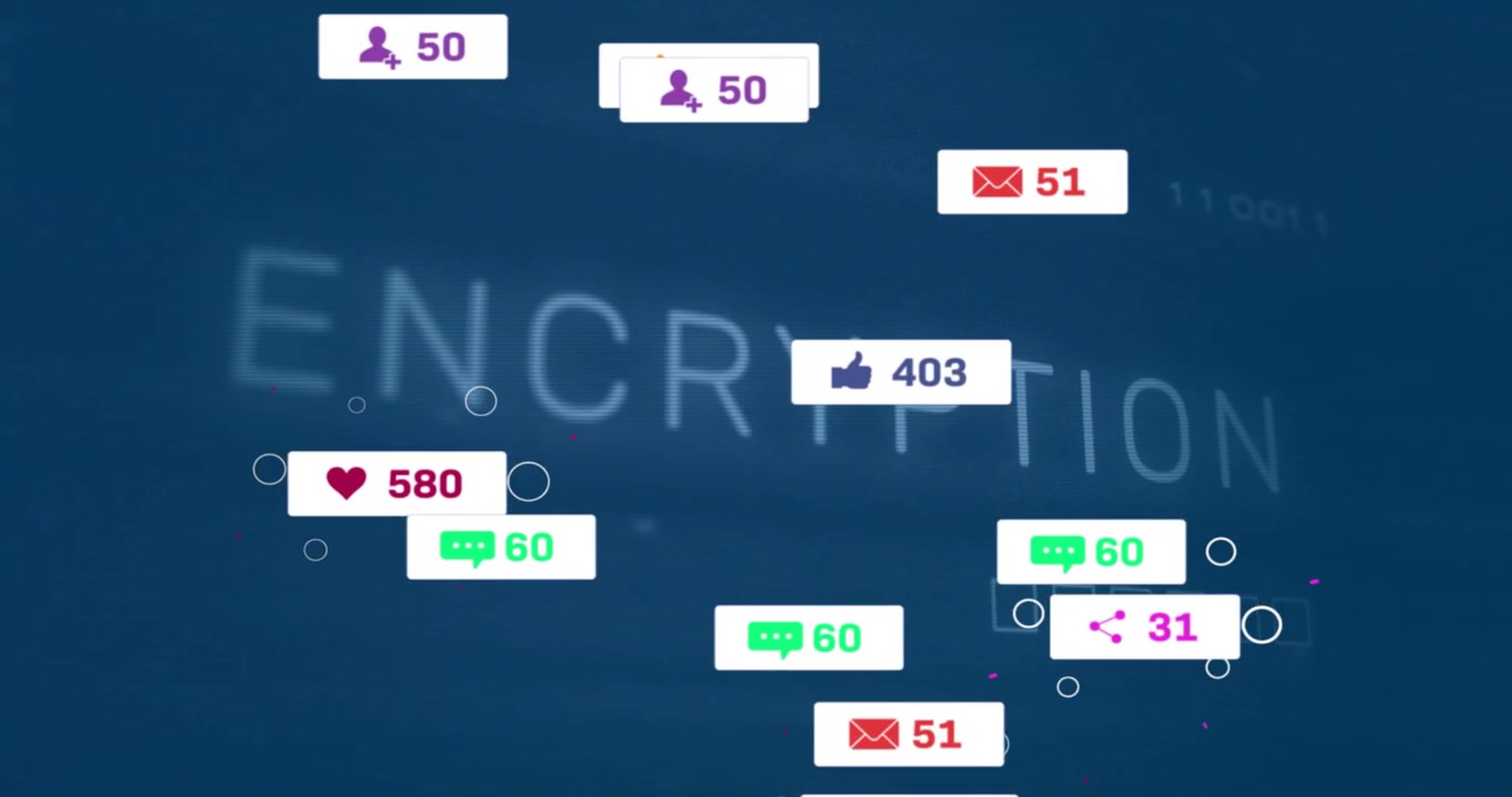 ENCRN sfocato che si nitidizza in ENCRYPTION, mentre badge fluttuanti si aggiornano a cascata per mostrare la sicurezza
