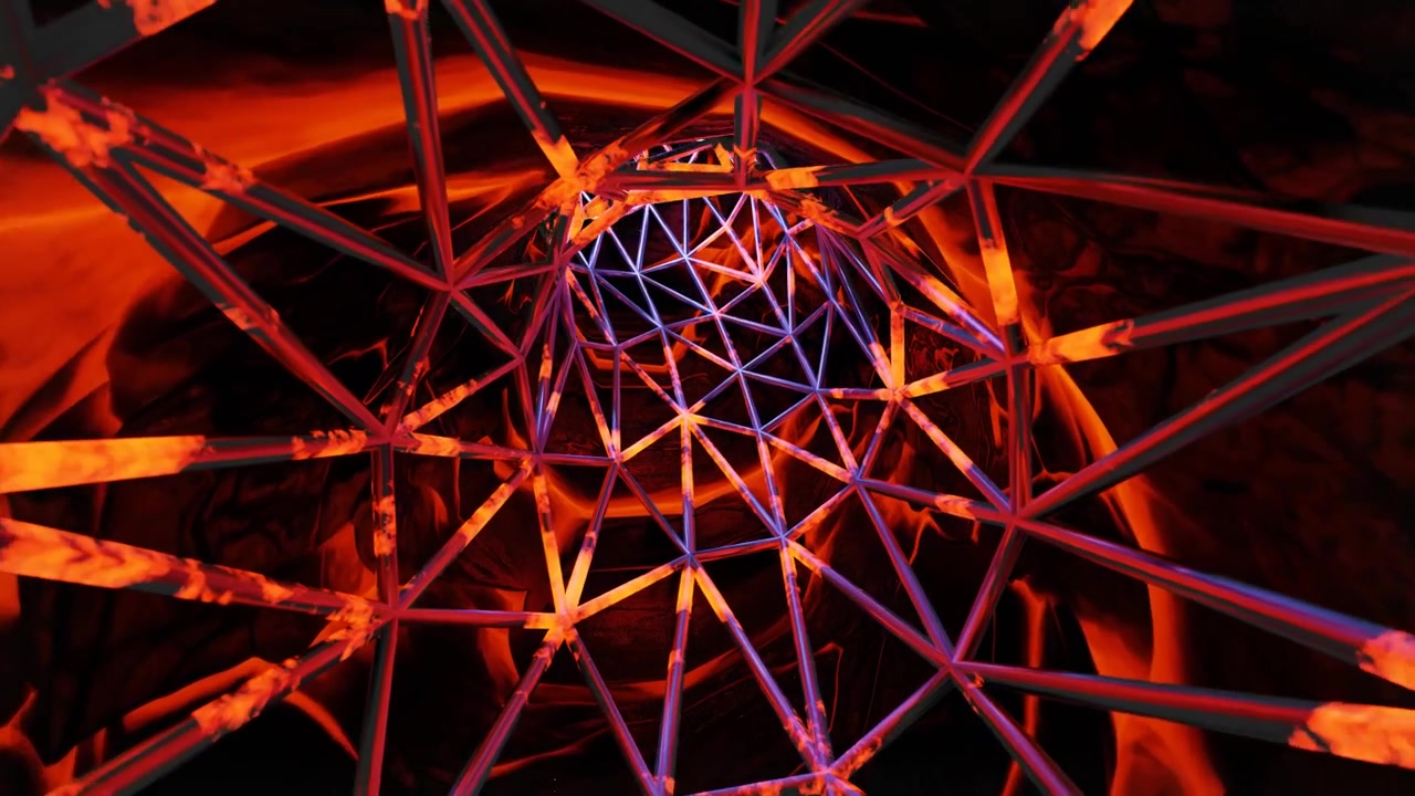 Tunnel abstrait géométrique filaire avec une lueur orange ardent et violette