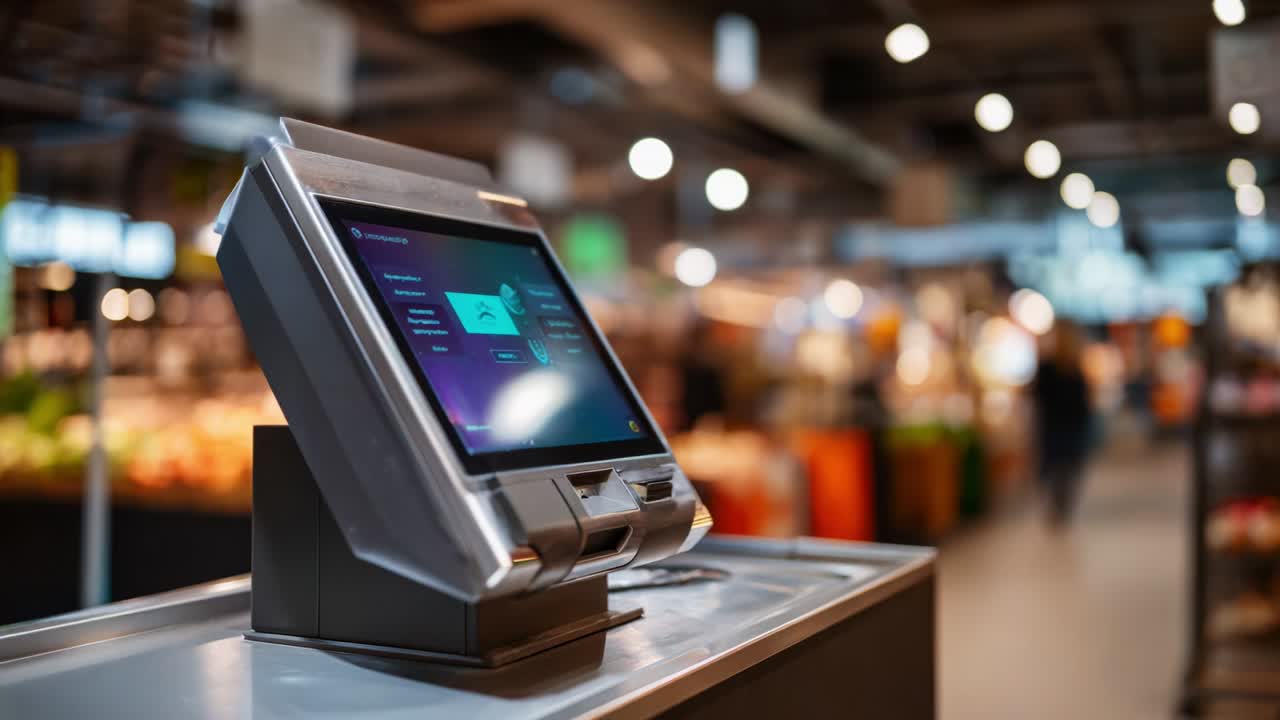 Un moderno chiosco self-service in un vivace ambiente di mercato, che mette in mostra la tecnologia touchscreen interattiva per la comodità dei clienti e transazioni efficienti in un ambiente dinamico