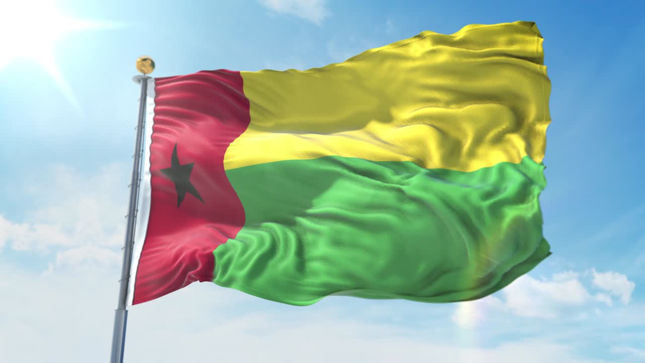 bandera de guinea bissau ondeando en el viento contra el cielo azul profundo. tema nacional, concepto internacional. 3d render ciclo sin costuras 4k