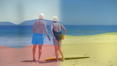 walking on sunny beach, elderly couple with colorful animation in swimwear